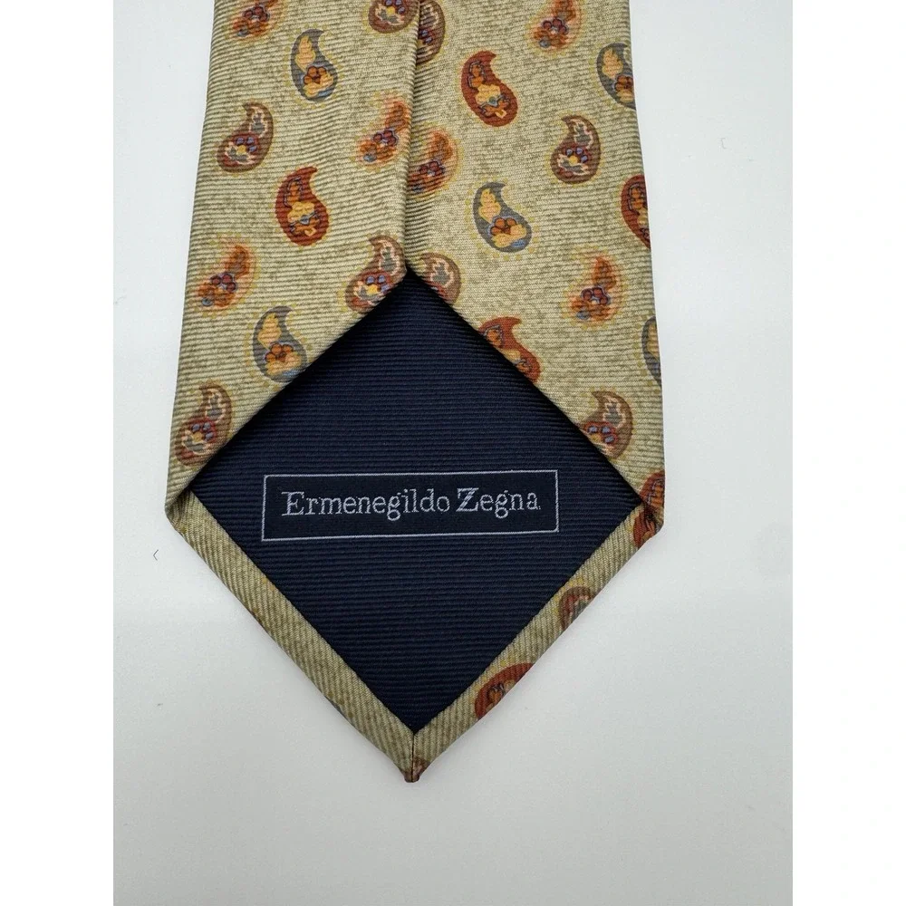 Ermenegildo Zegna‎ Silk Tie Beige Paisley Floral Necktie Made in Italy Luxury